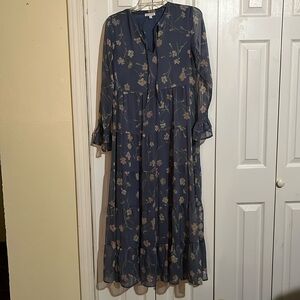 Patrons of Peace blue long sleeve summer dress floral size Small